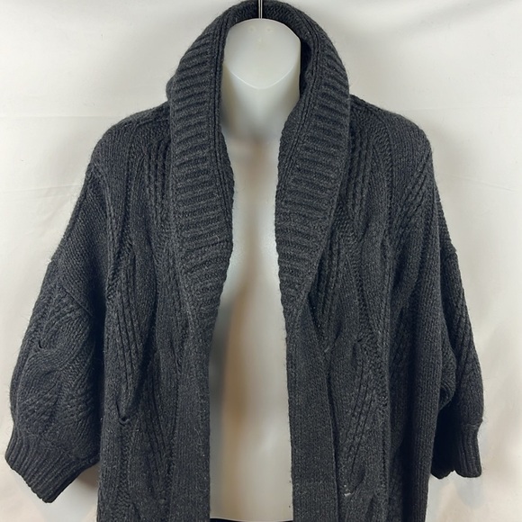 Vince Alpaca Wool Blend Dark‎ Gray Open Long Cardigan Sweater with Hoodie Size L - Picture 3 of 11
